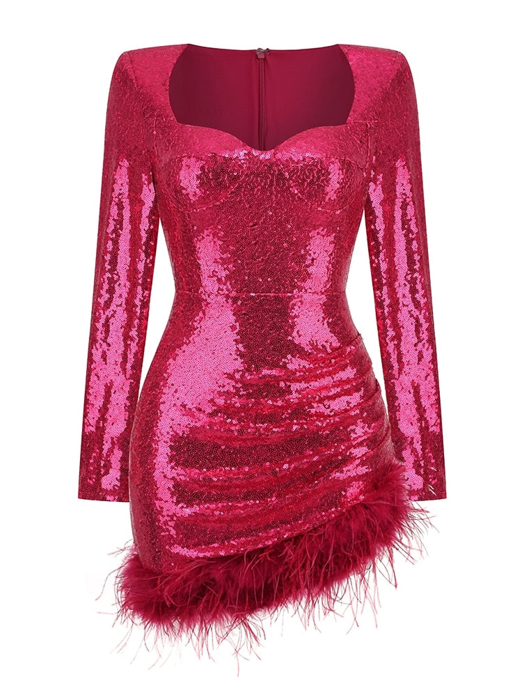 JuliaFashion - 2024 Sexy V-Neck Luxury Feather Sequin Mini Bodycon Dress