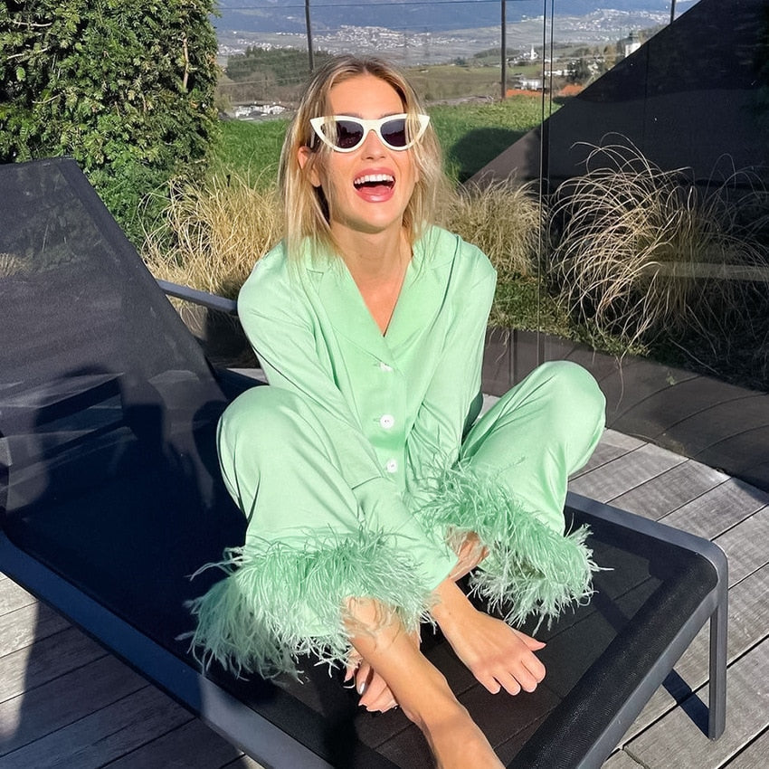 JuliaFashion-2-Piece Feather Pajamas Set