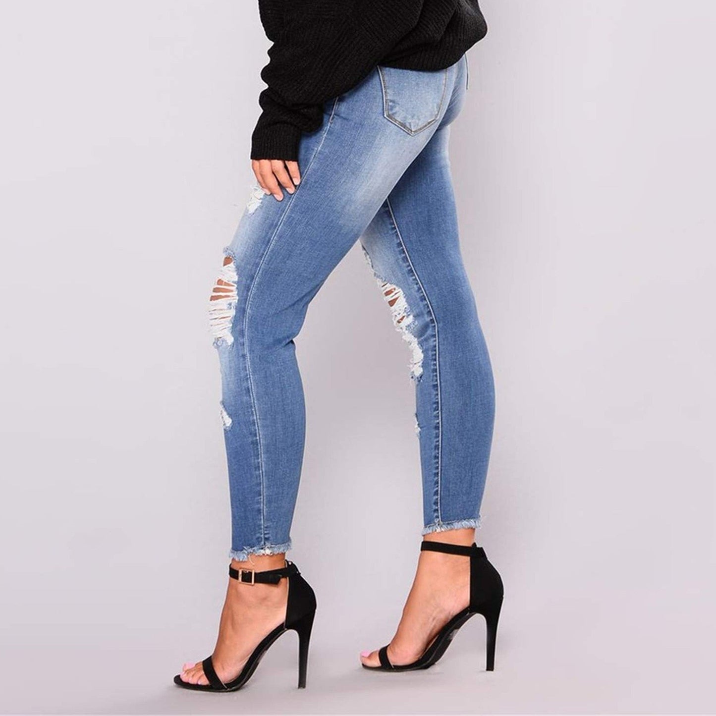 JuliaFashion - 2024 Women's Stretchy Ripped Jeans Butt Lifting Distressed Denim Pants with Pockets Destroyed Pencil Jean