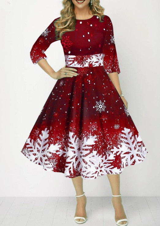 JuliaFashion-2024 Christmas Costume Party Dresses for Women Snowflake Printed Midi Party Dress