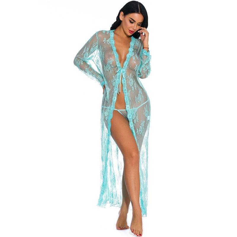 JuliaFashion-Lace Transparent Cardigan Nightclothes Beach Blouse Long Nightgown