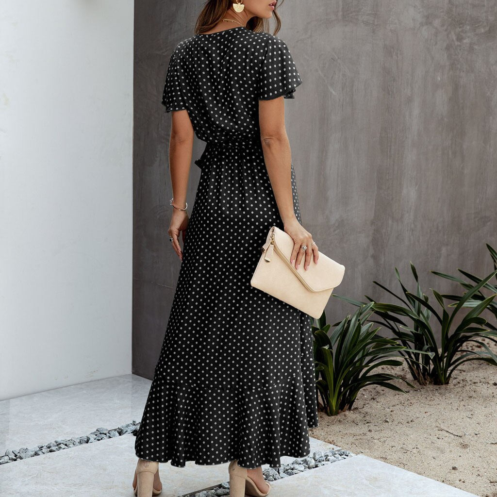 JuliaFashion-Polka Dot Chiffon V-Neck Maxi Dress