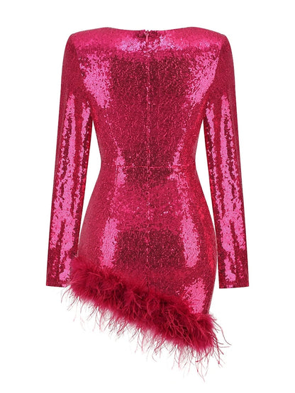 JuliaFashion - 2024 Sexy V-Neck Luxury Feather Sequin Mini Bodycon Dress