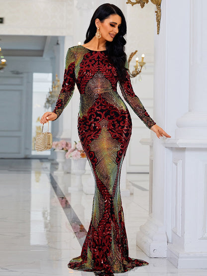 JuliaFashion-O-Neck Sequins Backless Floor Length Elegant Dresses