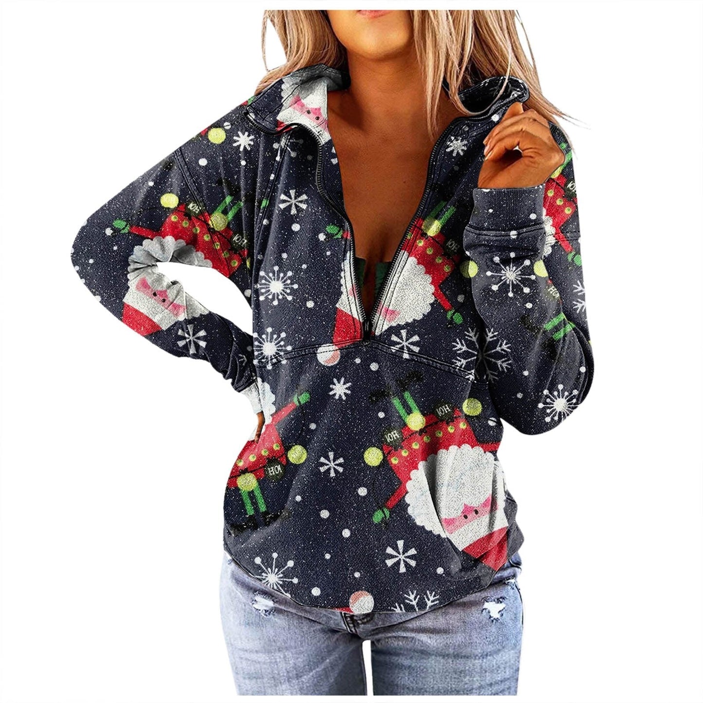 JuliaFashion - 2024 Women Christmas Casual Stand Collar Printed Long-Sleeves Zipper Coat