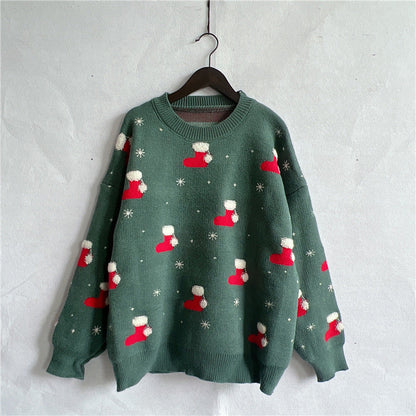 JuliaFashion-Y2K Long Sleeve Christmas Socks Printed Tops Loose Fit Casual Streetwear