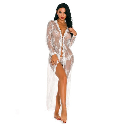 JuliaFashion-Lace Transparent Cardigan Nightclothes Beach Blouse Long Nightgown