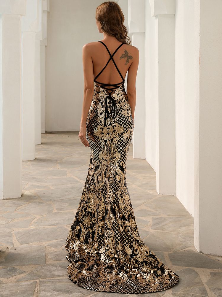 JuliaFashion-Elegant Gold Sequins Cami Backless Wedding Dress