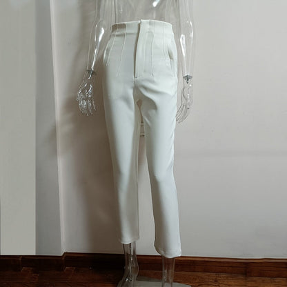 JuliaFashion-Fashion High Waisted Casual White Trousers