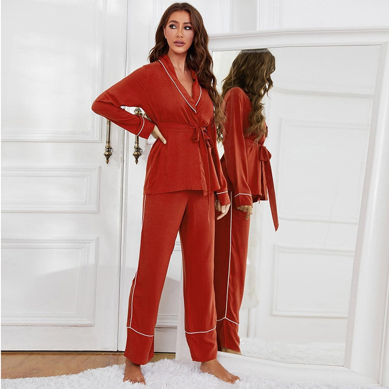 JuliaFashion - 2024 V-Neck Cotton Long Sleeve Tops And Trousers Sleepwear Suit