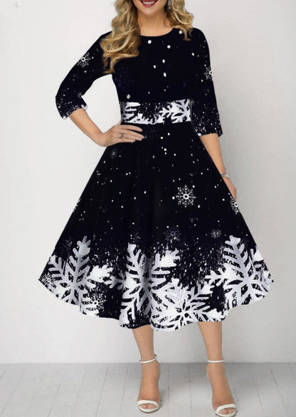 JuliaFashion-2024 Christmas Costume Party Dresses for Women Snowflake Printed Midi Party Dress