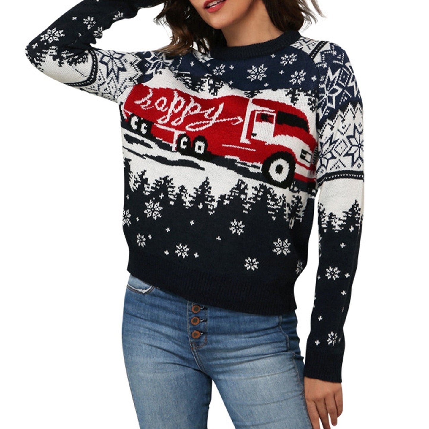 JuliaFashion-Christmas Women's Happy Car Pattern Crewneck Stripe Knit Loose Sweater