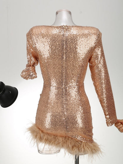 JuliaFashion - 2024 Sexy V-Neck Luxury Feather Sequin Mini Bodycon Dress