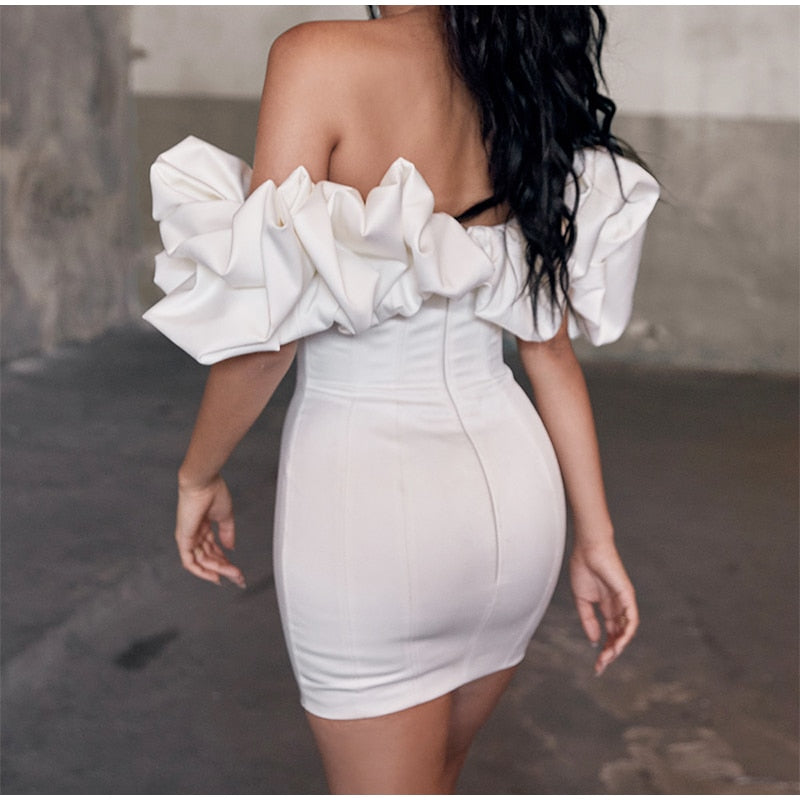 JuliaFashion - 2024  Solid Fishbone Off Shoulder Ruffled One-shoulder Mini Dress