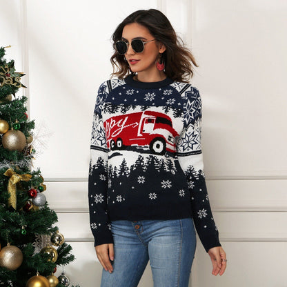 JuliaFashion-Christmas Women's Happy Car Pattern Crewneck Stripe Knit Loose Sweater