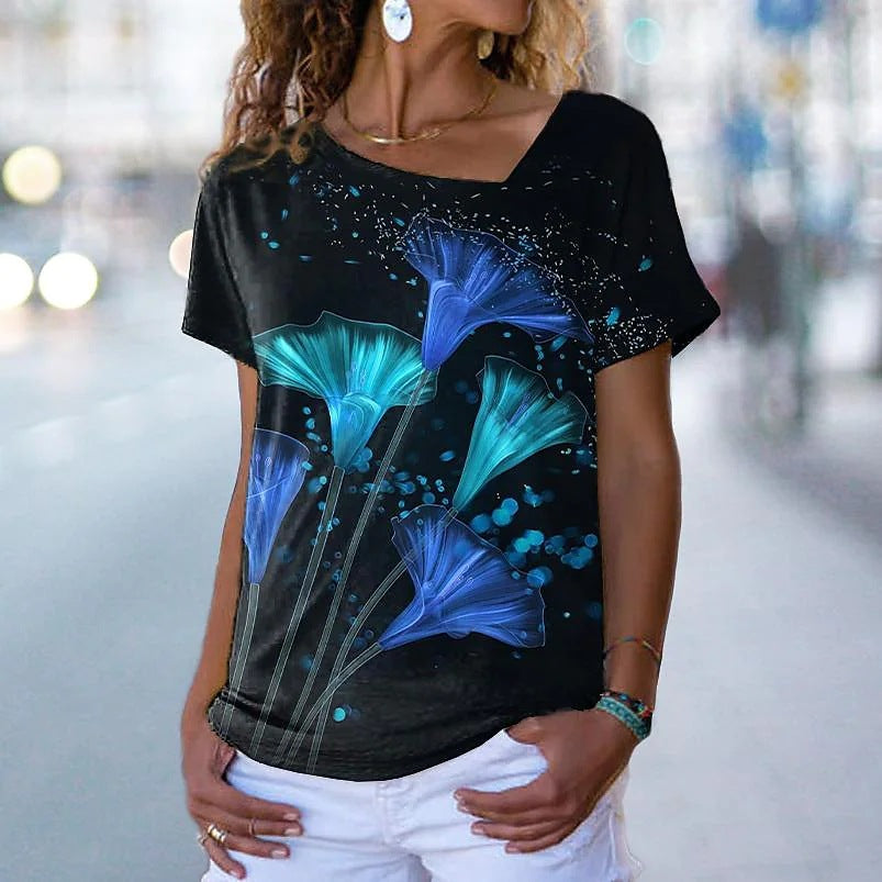 JuliaFashion - 2024 Summre Casual Loose Print V-Neck Short Sleeve T-shirts