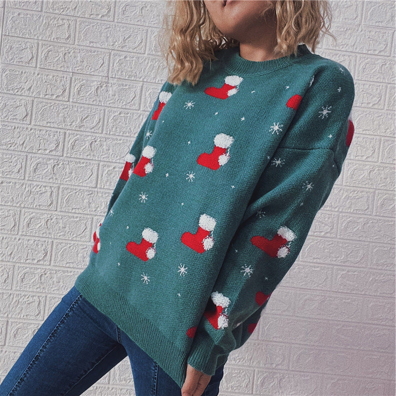 JuliaFashion-Y2K Long Sleeve Christmas Socks Printed Tops Loose Fit Casual Streetwear