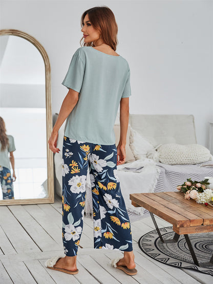 JuliaFashion-Contrast Color Cotton Viscose Home Sleepwear