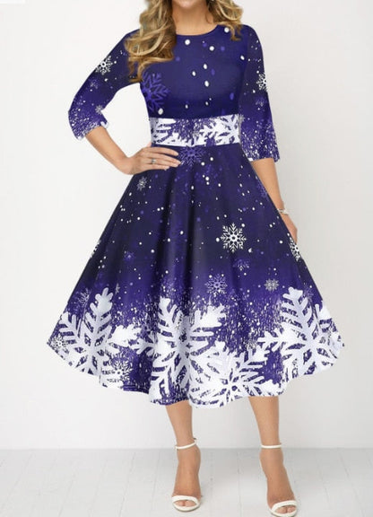 JuliaFashion-2024 Christmas Costume Party Dresses for Women Snowflake Printed Midi Party Dress