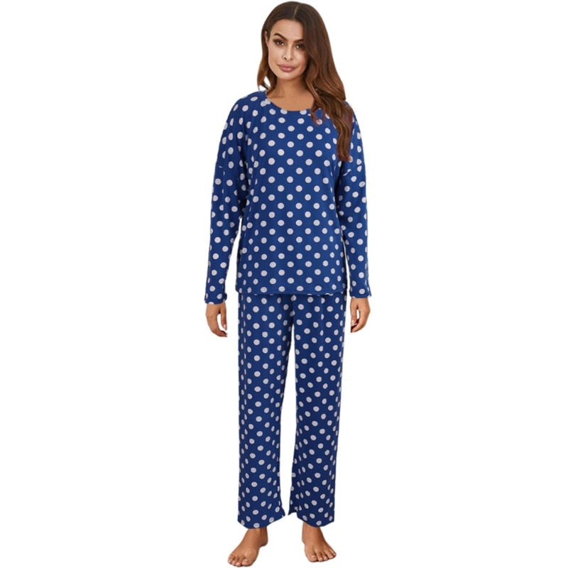 JuliaFashion-Polka Dot Long Sleeve Tops Long Pants Pajamas Set