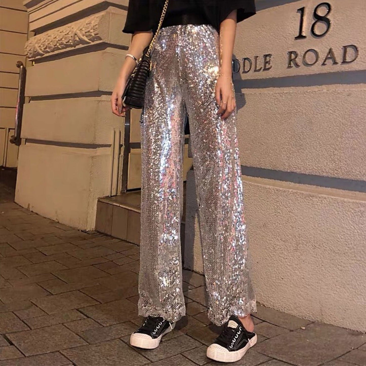 JuliaFashion-Elegant High Waisted Sequin Party Pants