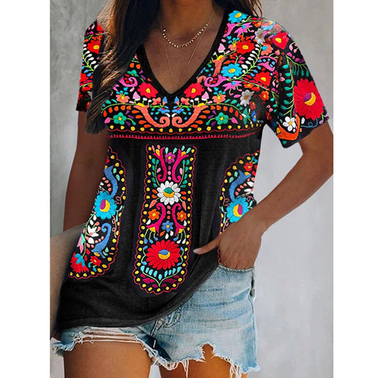 JuliaFashion - 2024 Sexy Boho V-Neck Patchwork Casual Ethnic Style Printed T-Shirt