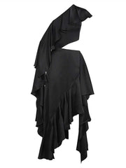 JuliaFashion - Sexy Black Slanted Shoulder Midi Cutout Dress