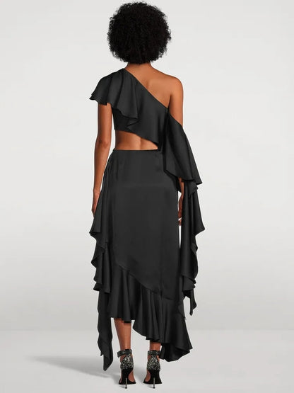 JuliaFashion - 2024 Sexy Black Slanted Shoulder Midi Cutout Dress