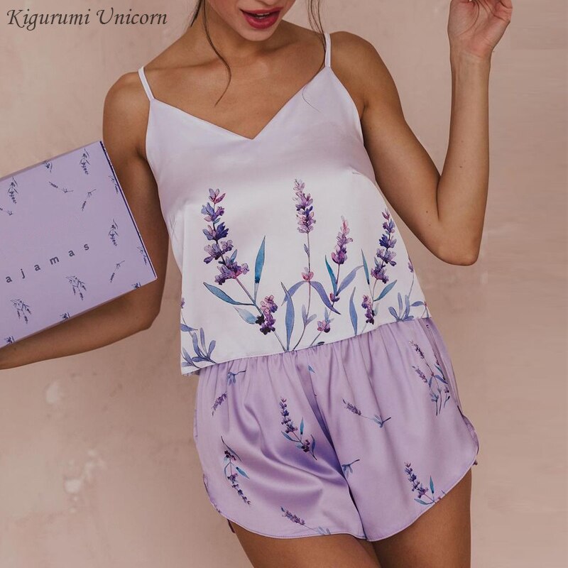 JuliaFashion - 2024 Silk Pineapple Print Sling Top Shorts Pajamas Set