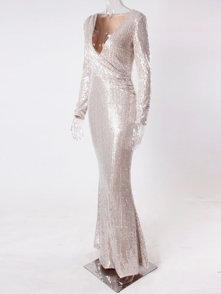 JuliaFashion - 2024 Sexy Silver Sequin Deep V-Neck Evening Gown Dress