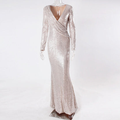 JuliaFashion - 2024 Sexy Silver Sequin Deep V-Neck Evening Gown Dress