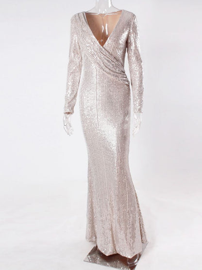 JuliaFashion - 2024 Sexy Silver Sequin Deep V-Neck Evening Gown Dress