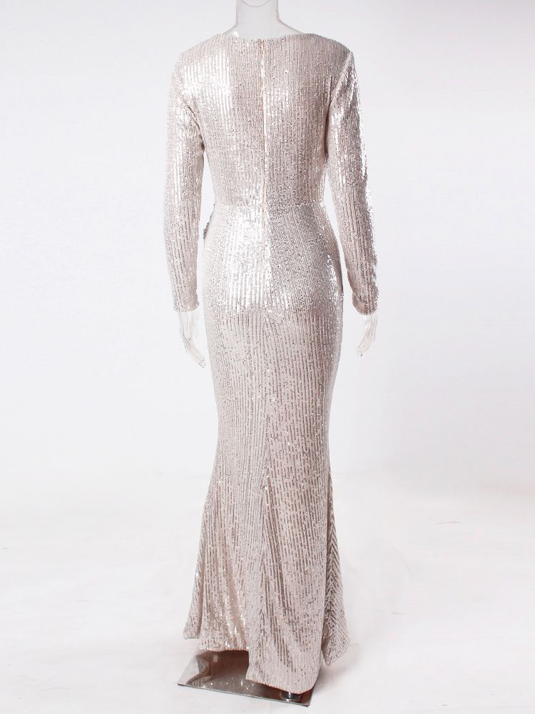 JuliaFashion - 2024 Sexy Silver Sequin Deep V-Neck Evening Gown Dress