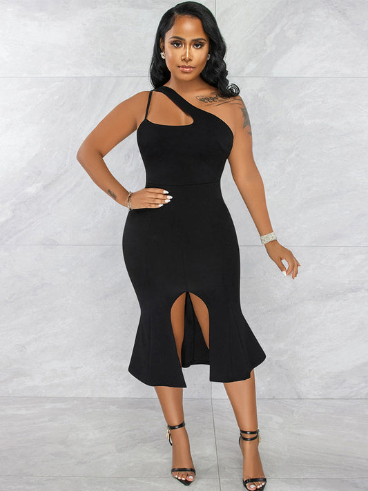Sexy Slant Shoulder Cut Out Backless Bodycon Midi Skirts