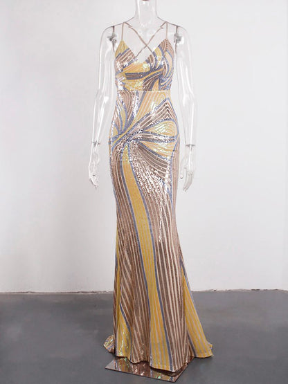 JuliaFashion - 2024 Sexy Slip Stretchy Sequin Stripe Backless Dress