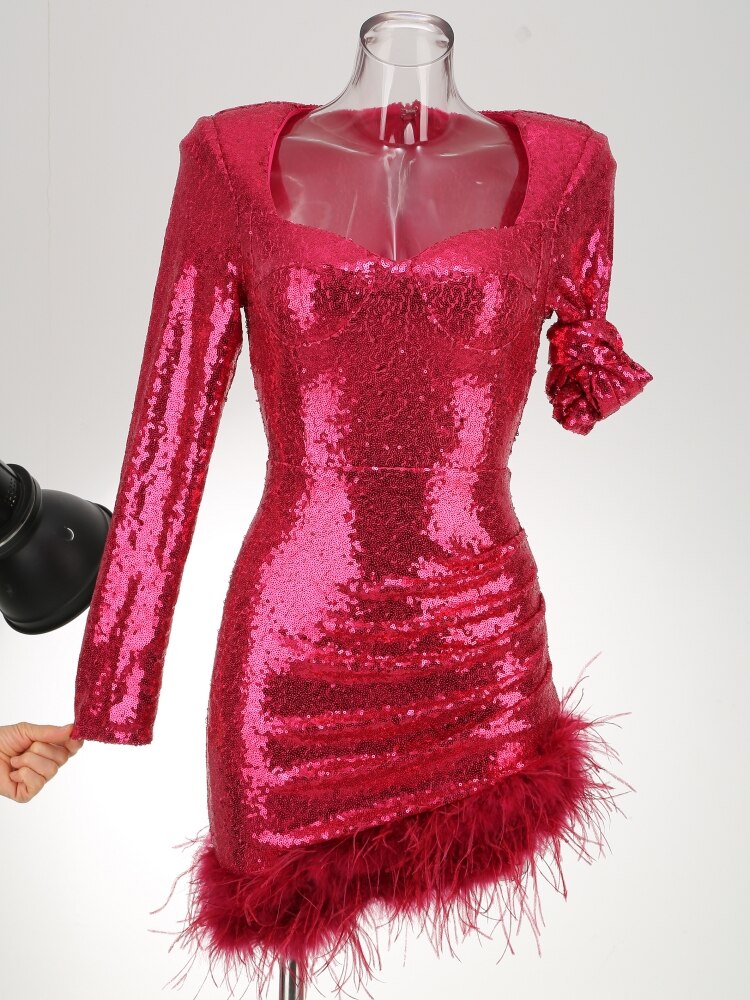 JuliaFashion - 2024 Sexy V-Neck Luxury Feather Sequin Mini Bodycon Dress