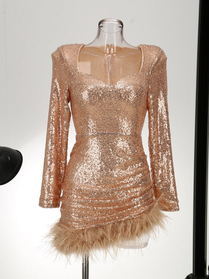 JuliaFashion - 2024 Sexy V-Neck Luxury Feather Sequin Mini Bodycon Dress