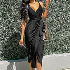 JuliaFashion - 2024 V-Neck Slip High Waist Satin Midi Dresses