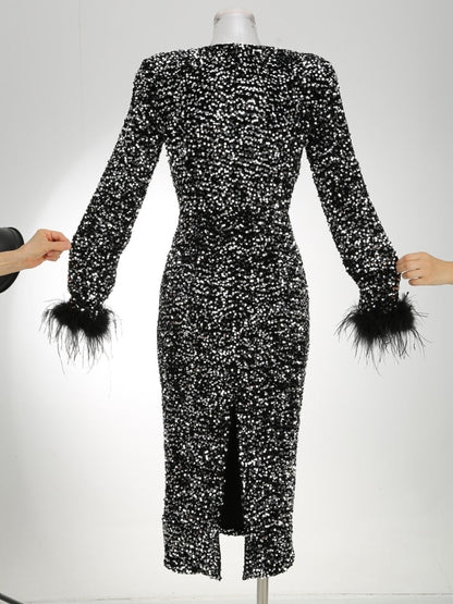 JuliaFashion-O-Neck Luxury Sequin Feather Bodycon Dress