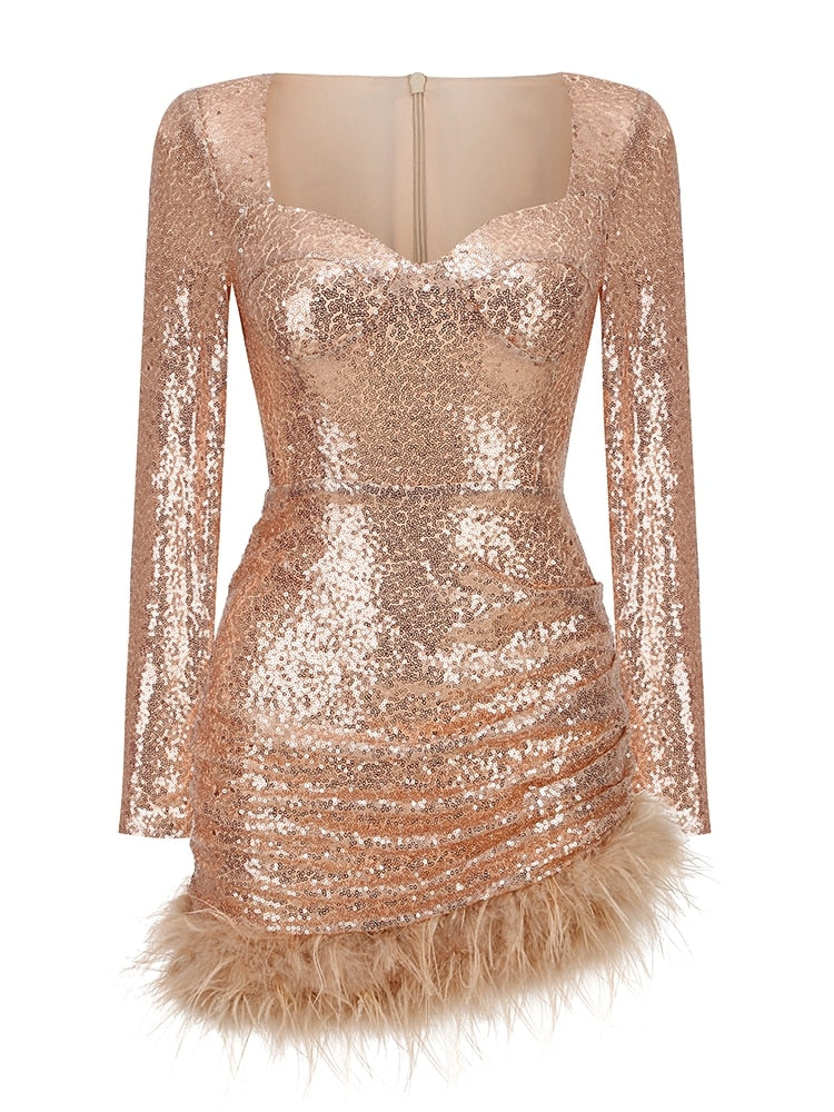 JuliaFashion - 2024 Sexy V-Neck Luxury Feather Sequin Mini Bodycon Dress