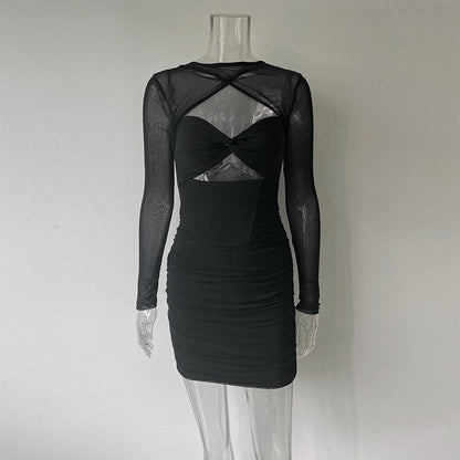 JuliaFashion - 2024 Twist Wrap Ruched Bodycon Through Mesh Dresses