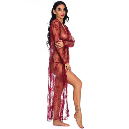 JuliaFashion-Lace Transparent Cardigan Nightclothes Beach Blouse Long Nightgown