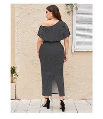 JuliaFashion - 2024 Shoulder Ruffle Stripe Rear Fork Waist Maxi Dresses