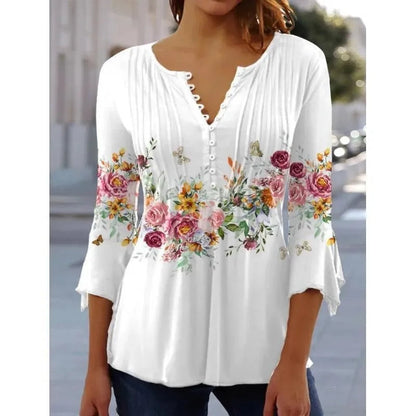 JuliaFashion-Comfortable Flower Print V-Neck Blouses