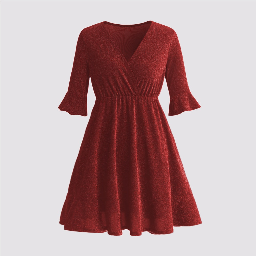 JuliaFashion - 2024 V-Neck Wine Red Elegant Evening Party Wear Dresses