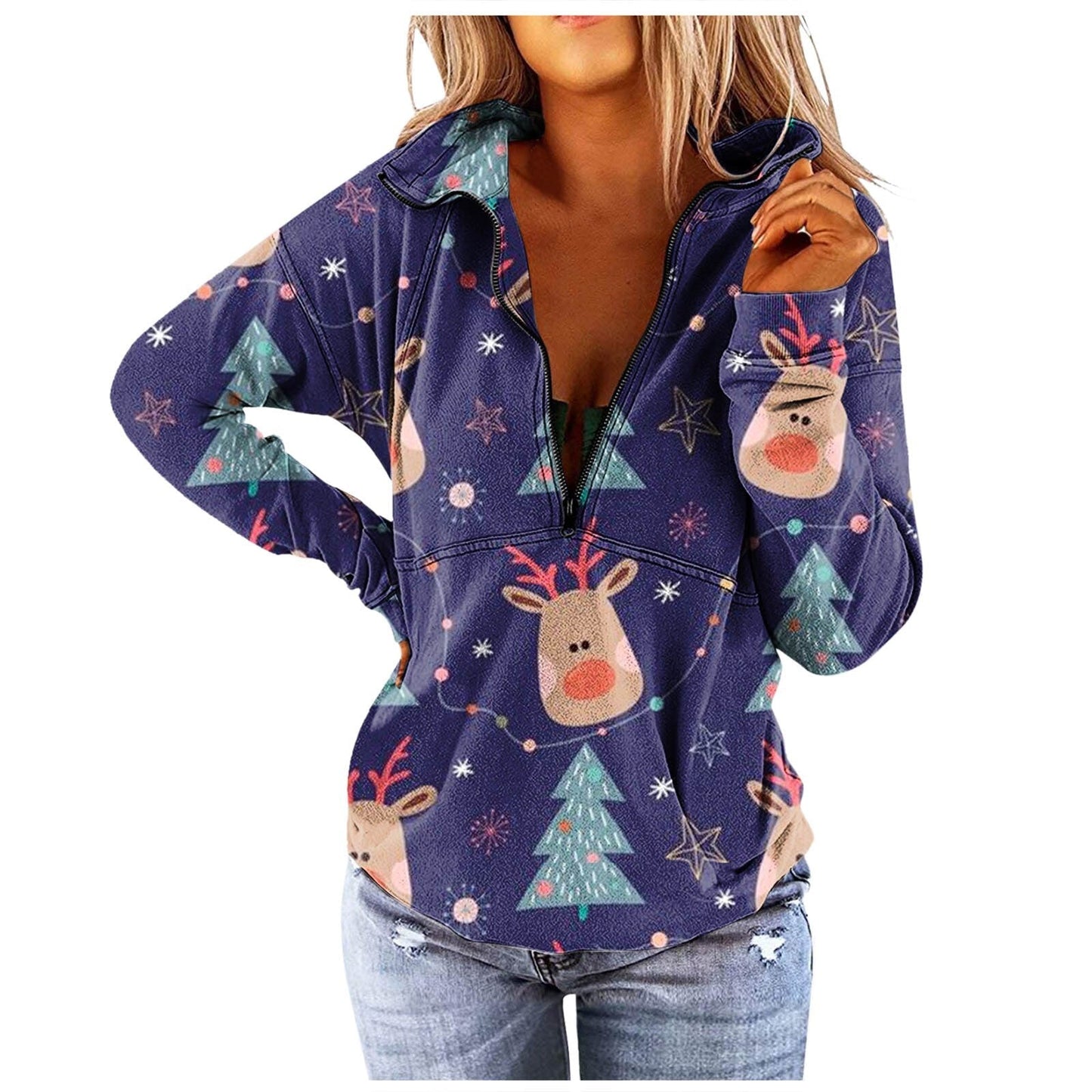 JuliaFashion - 2024 Women Christmas Casual Stand Collar Printed Long-Sleeves Zipper Coat