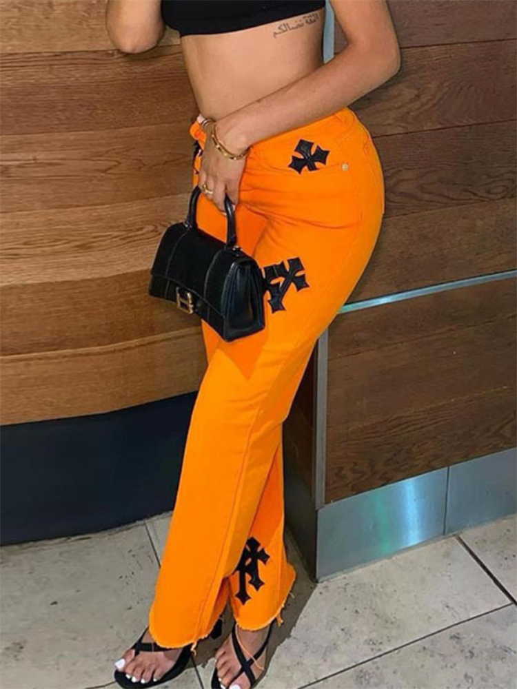 JuliaFashion - 2024 Sifreyr Cross Embroidery Orange Jeans Women Low Waist Straight Streetwear Casual Baggy Jeans