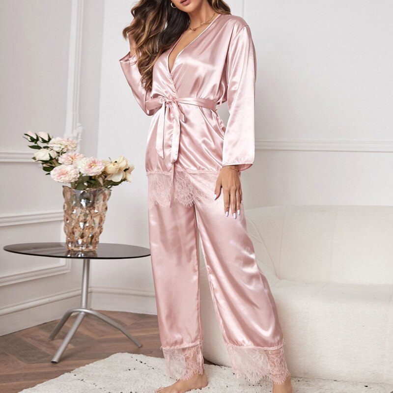 JuliaFashion - 2024 Three Piece Silk Satin Pajamas Set