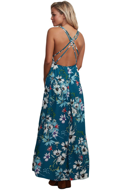 JuliaFashion - 2024Slate Blue Floral Chiffon Spaghetti Straps Maxi Dress