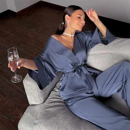 JuliaFashion - 2024 Solid Women's Pajamas Robes With Sashes 2 Piece Set